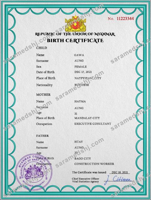 Myanmar vital record birth certificate PSD template